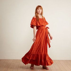 The Odells Off the Shoulder Maxi Ruffle Dress in Terracotta Rust Orange